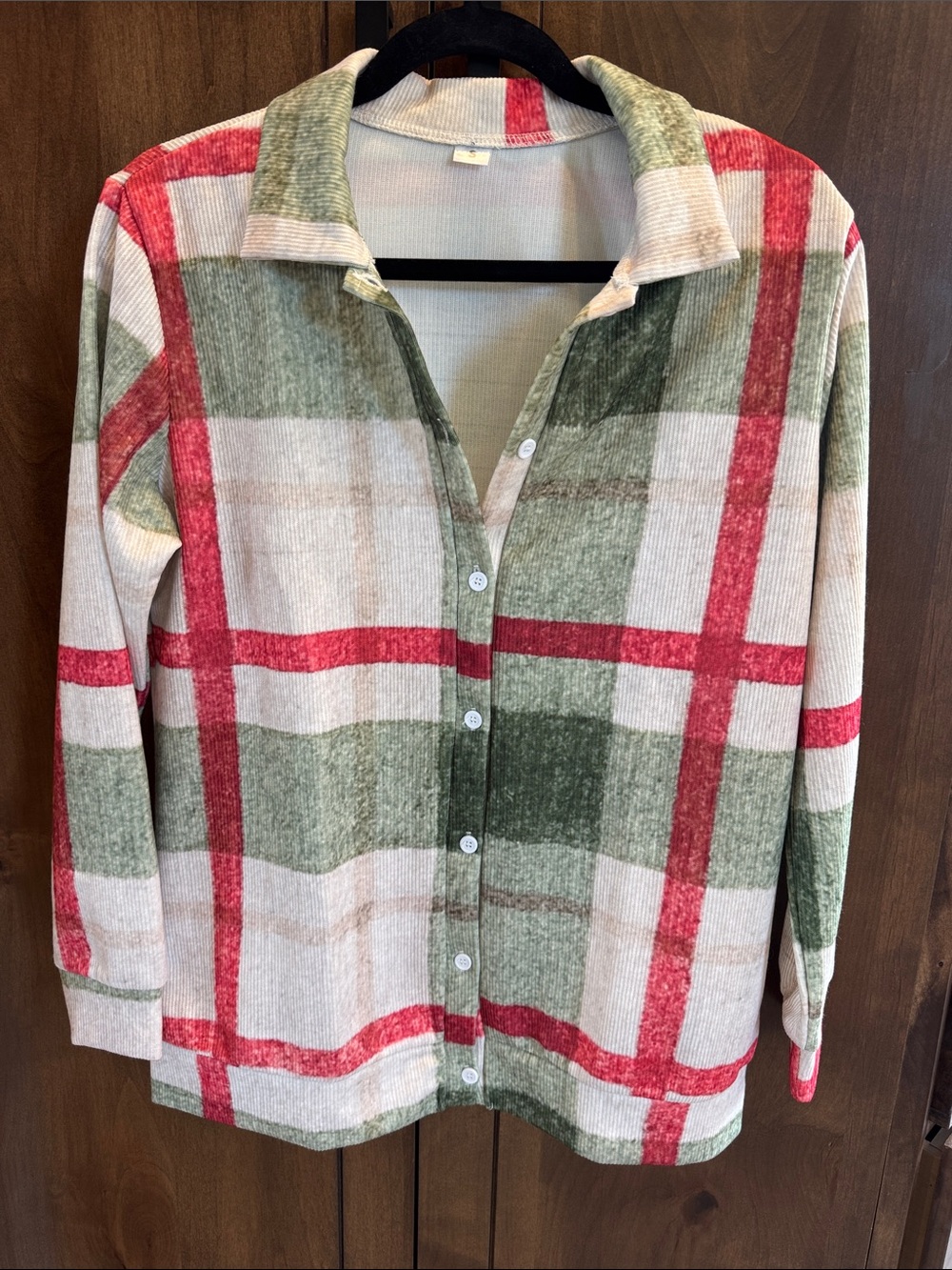 Plaid Button-Front Cardigan Shirt Jacket in Green, Red and Cream